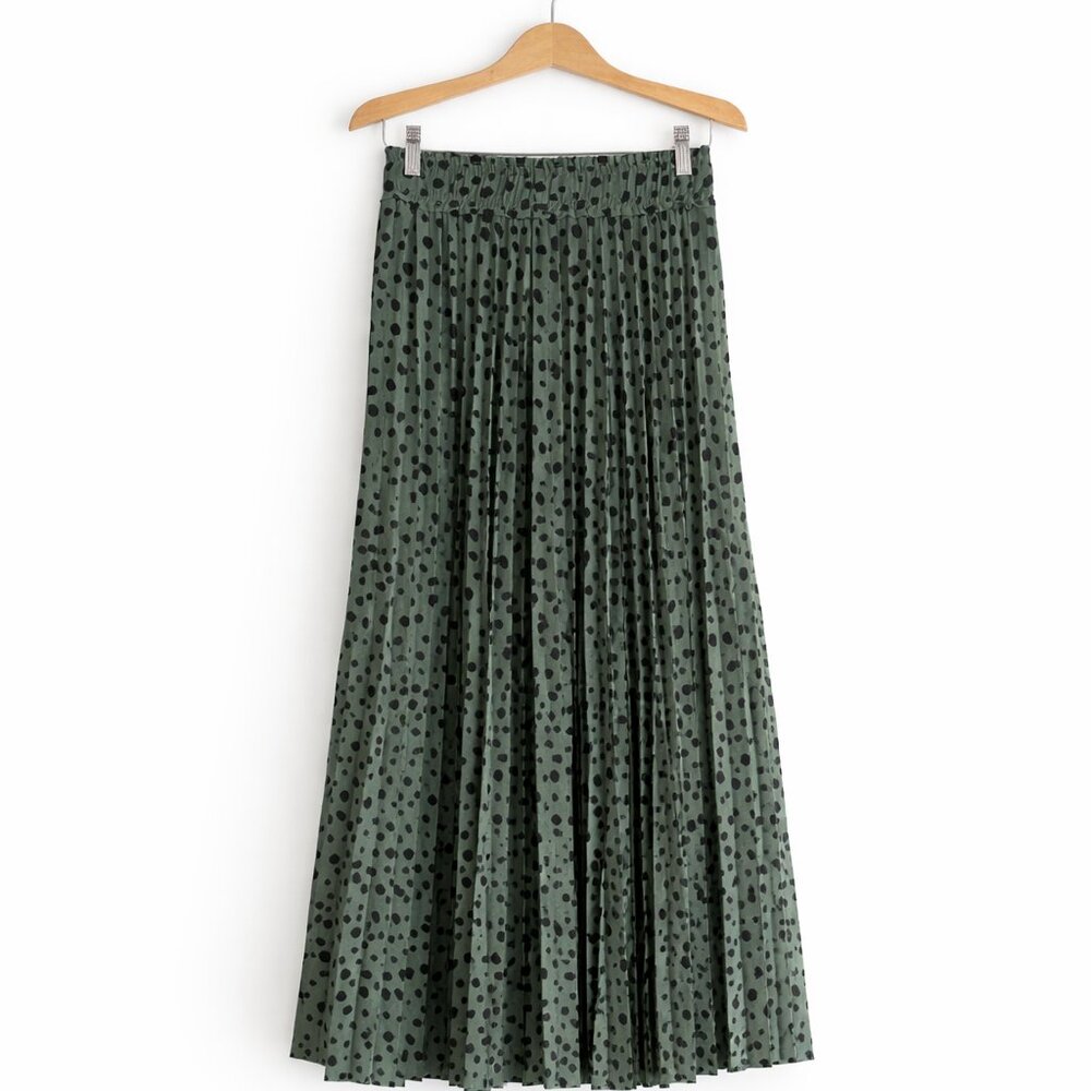 Pleated Sage Green Long Polka Dotted Skirt Size Sm